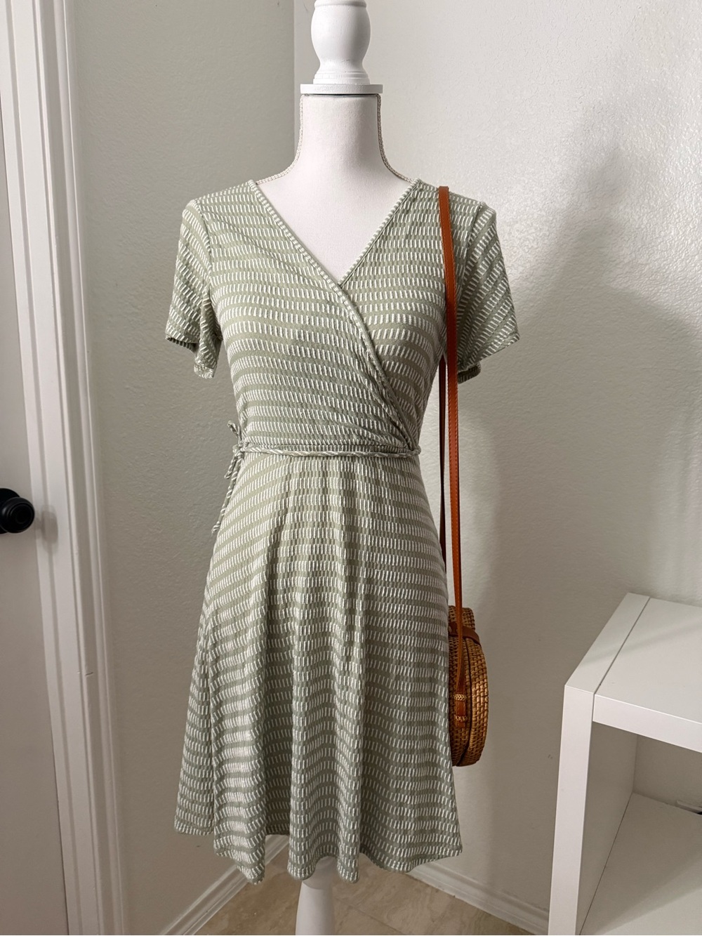 Light Sage Wrap-Style Short Sleeve Mini Dress